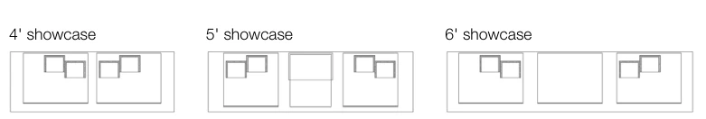 Segmented riser composition 4, 5 and 6 foot showcase arrangement diagrams