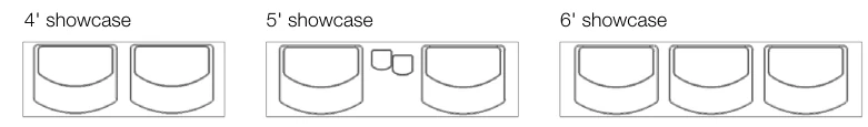 Layered platform composition 4, 5 and 6 foot showcase arrangement diagrams