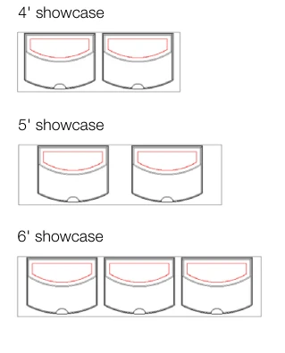 Curved front platform tiers 4, 5 and 6 foot showcase arrangement diagrams